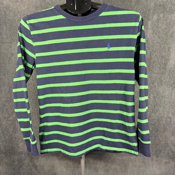Polo Ralph Lauren Youth L 14-16 Navy Green Striped Long Sleeve Shirt Blue Pony - Picture 3 of 8